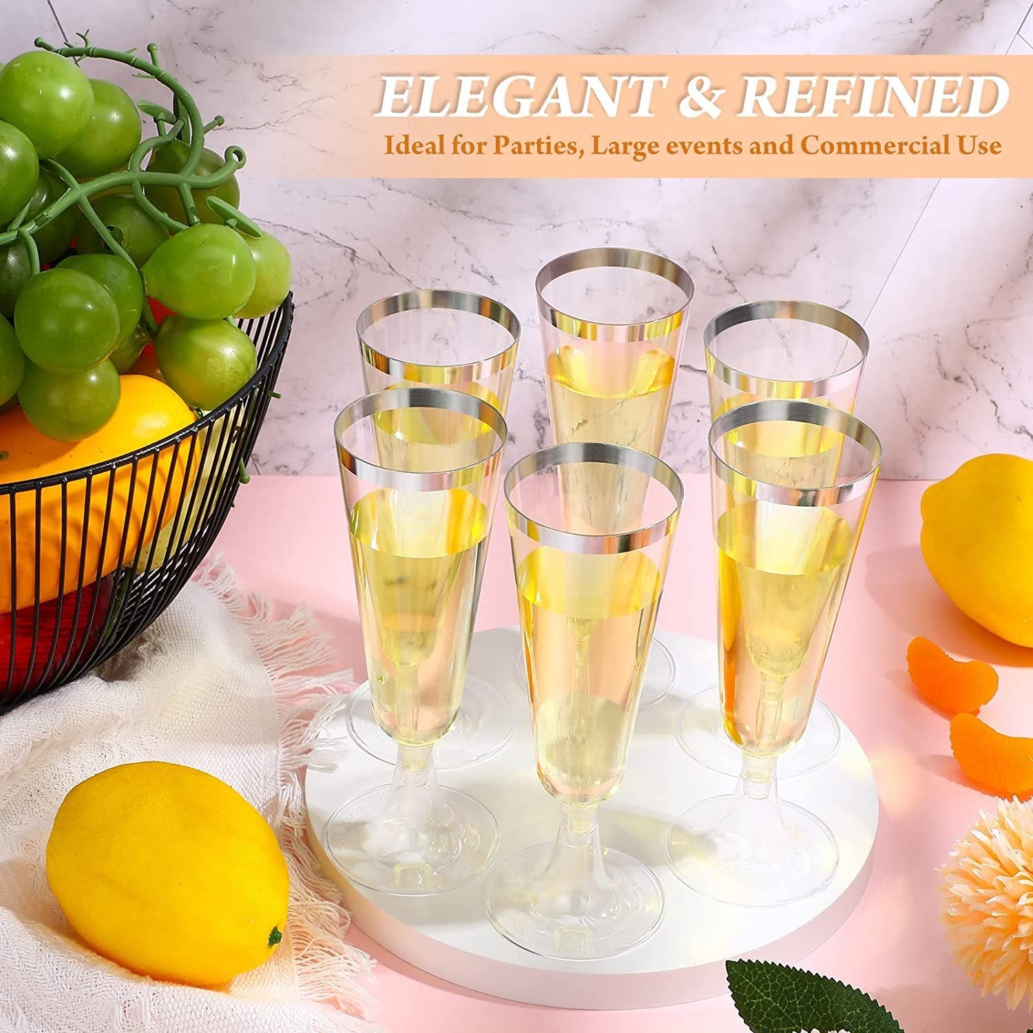 12 Pcs Plastic Champagne Flutes 5oz Clear with Silver Rim