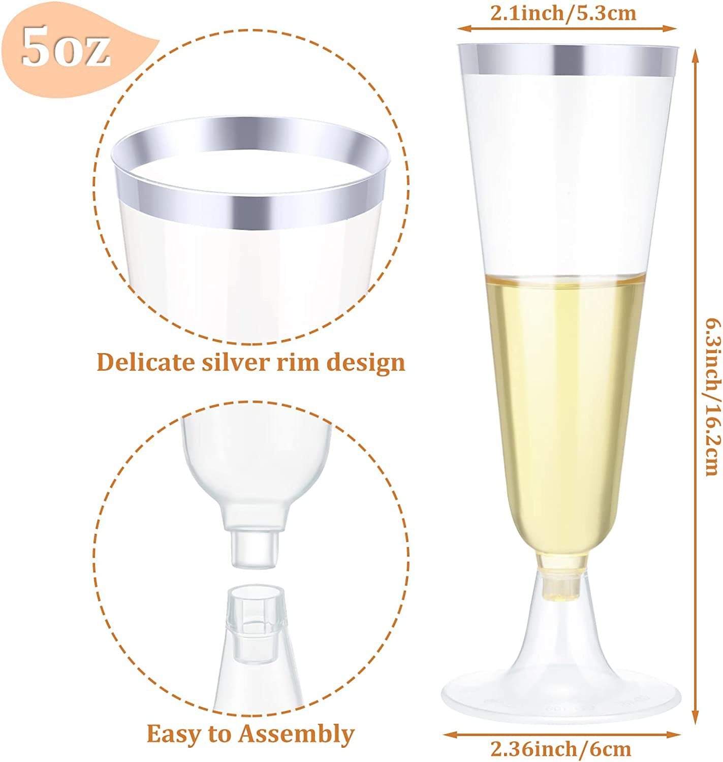 12 Pcs Plastic Champagne Flutes 5oz Clear with Silver Rim