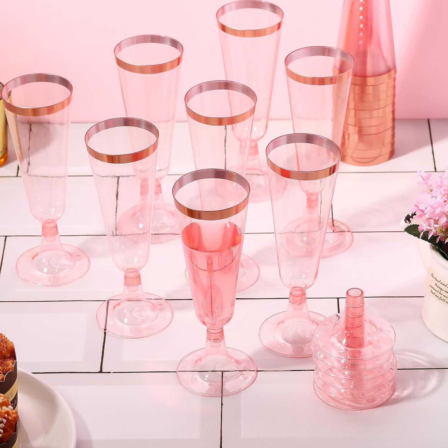 12 Pcs Plastic Champagne Glasses 5oz Transparent Pink with Rose Gold Rim