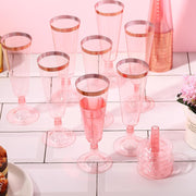 12 Pcs Plastic Champagne Glasses 5oz Transparent Pink with Rose Gold Rim