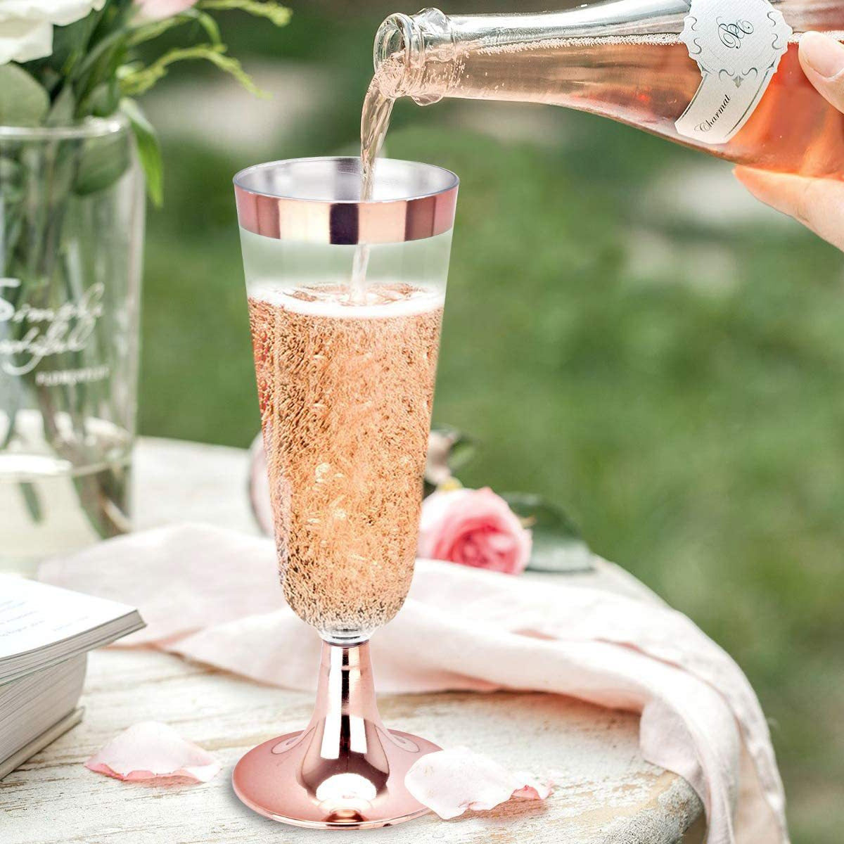 12 Pcs Plastic Champagne Flutes 5oz Clear with Rose Gold Rim and Base