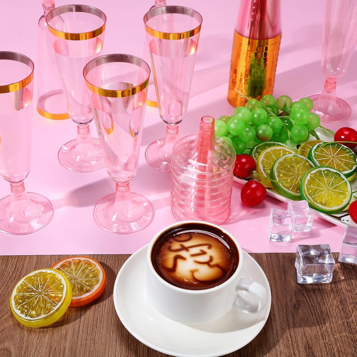 12 Pcs Plastic Champagne Glasses 5oz Transparent Pink with Rose Gold Rim