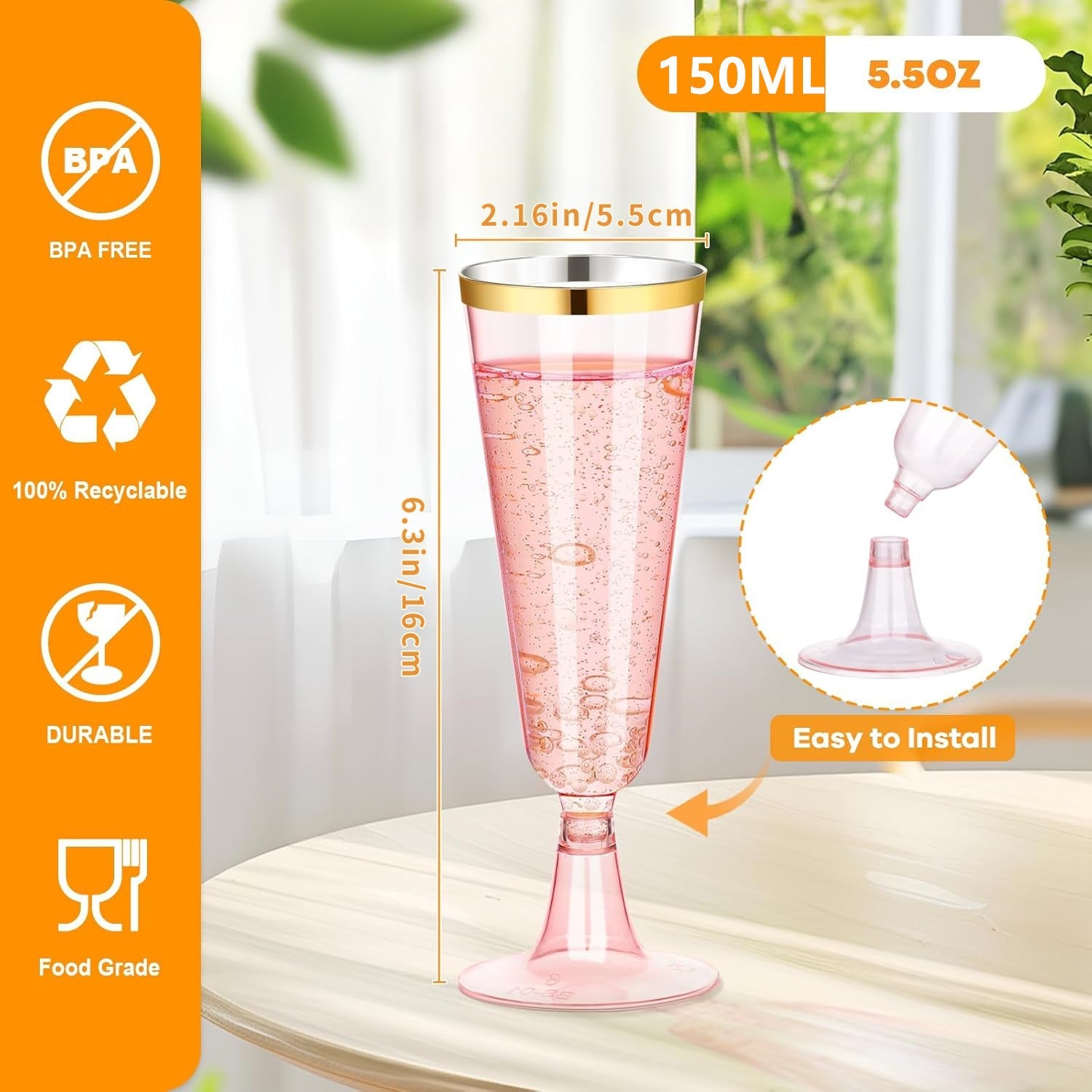 12 Pcs Plastic Champagne Glasses 5oz Transparent Pink with Rose Gold Rim