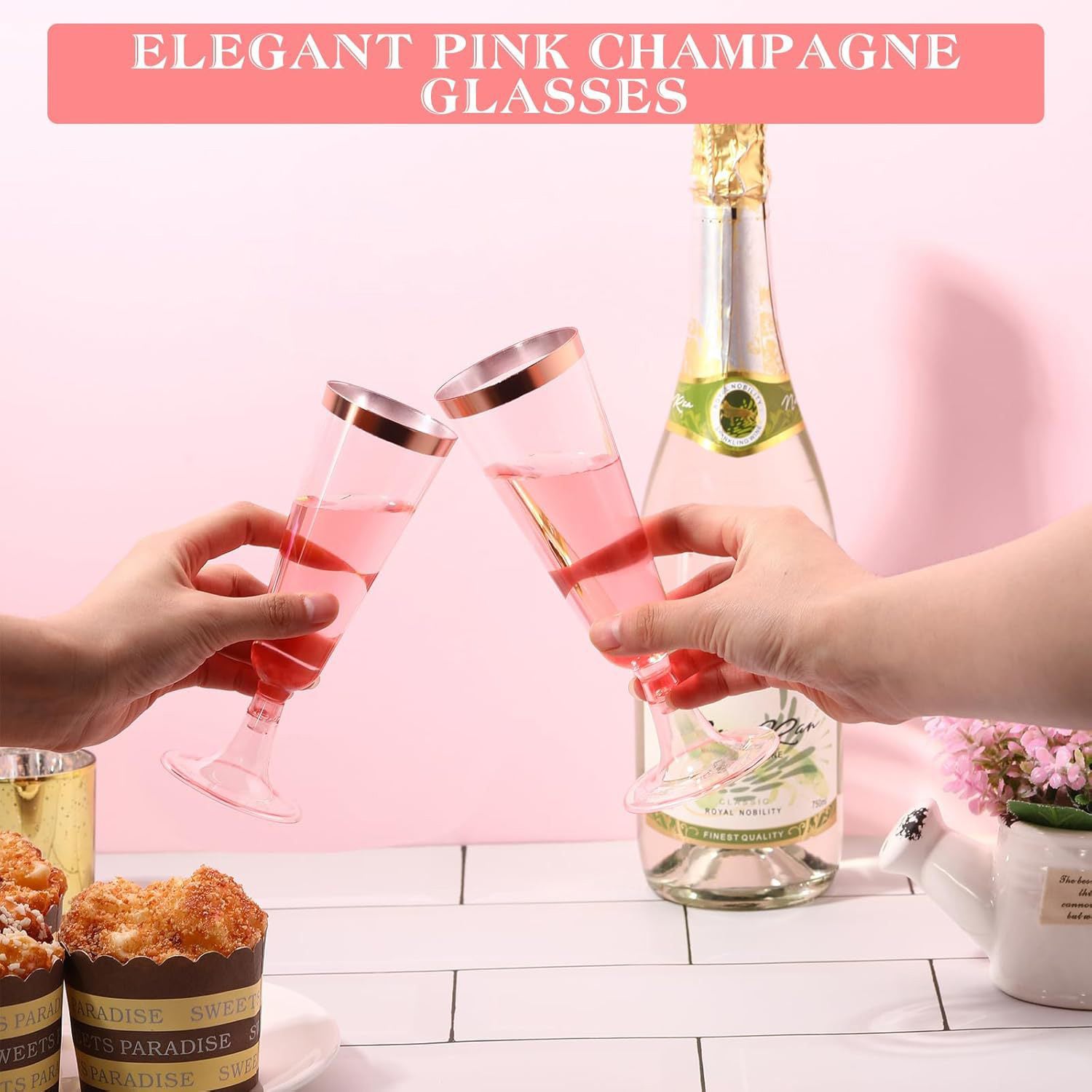 12 Pcs Plastic Champagne Glasses 5oz Transparent Pink with Rose Gold Rim