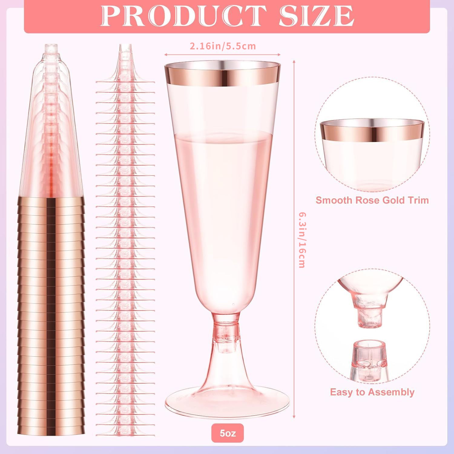 12 Pcs Plastic Champagne Glasses 5oz Transparent Pink with Rose Gold Rim