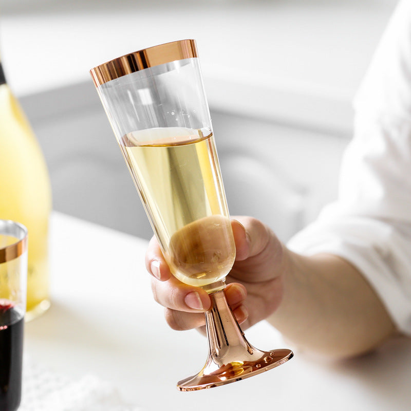 12 Pcs Plastic Champagne Flutes 5oz Clear with Rose Gold Rim and Base