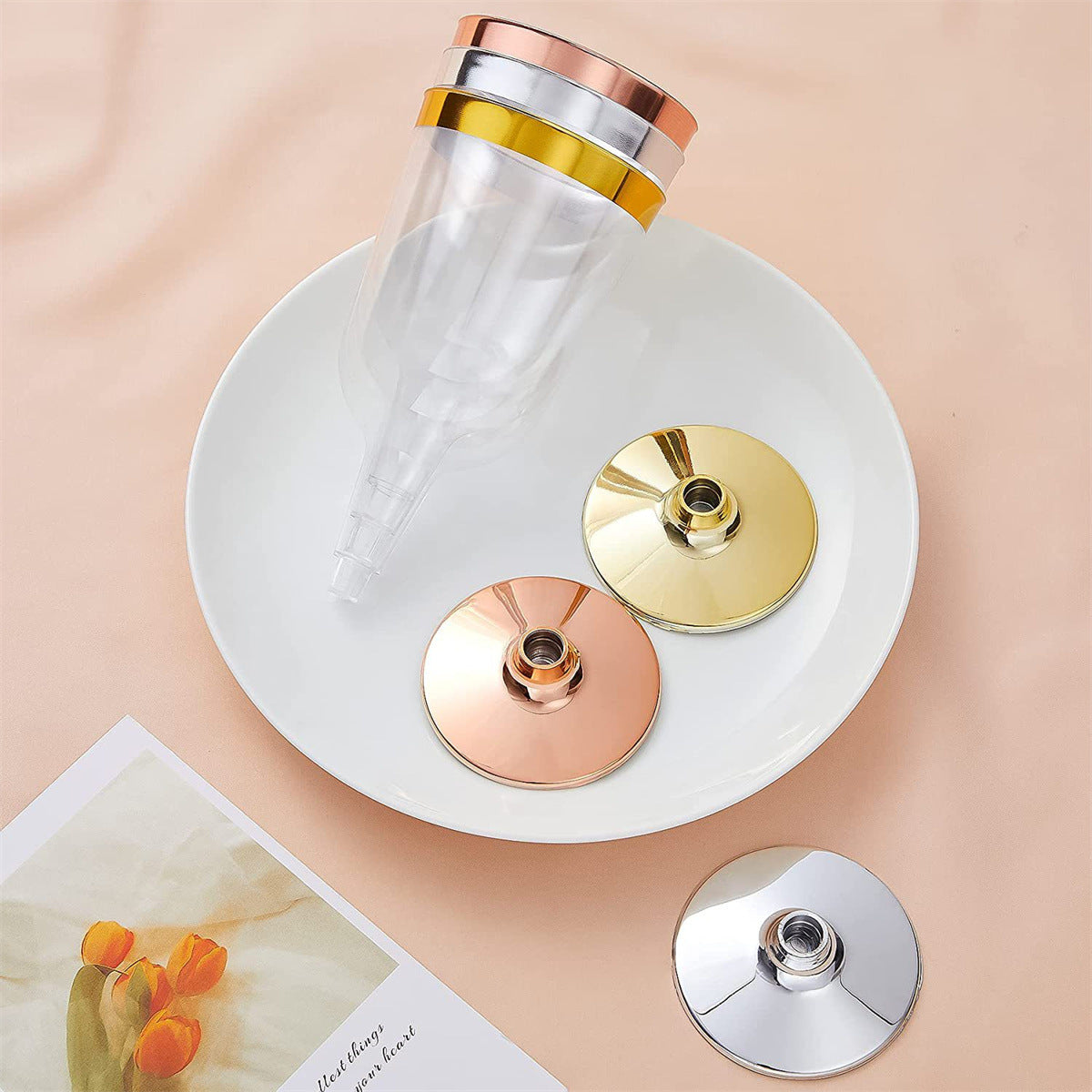 12 Pcs Plastic Champagne Flutes 5oz Clear with Rose Gold Rim and Base