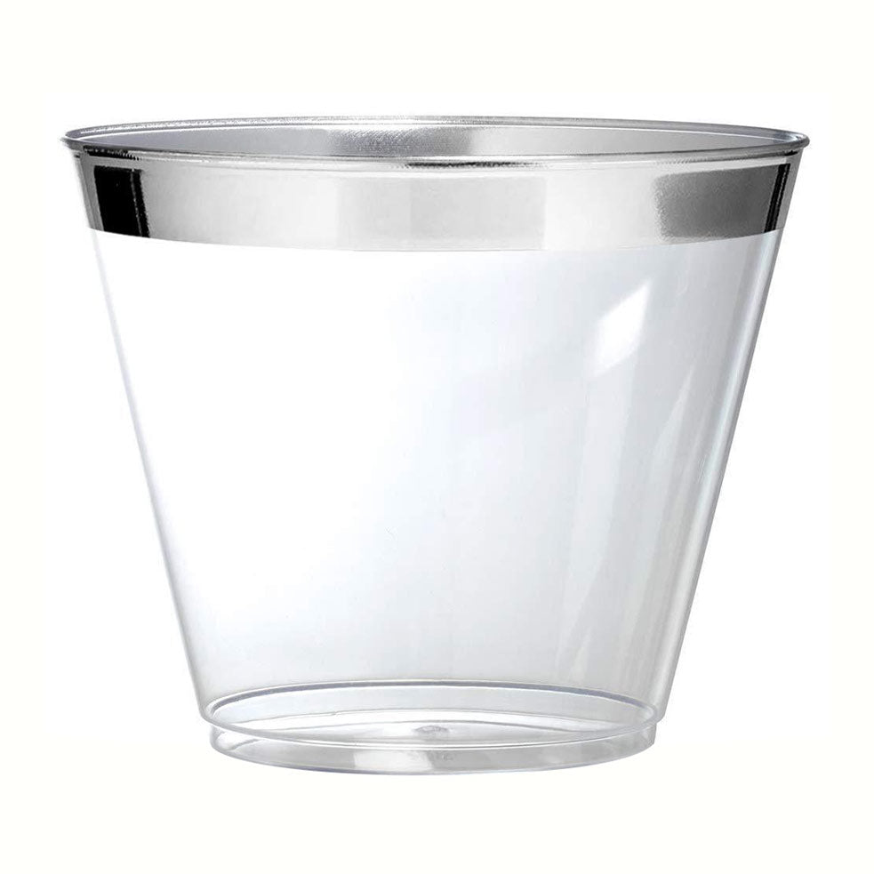 25 Pcs Plastic Party Cups 9oz Clear Crystal with Silver Rim