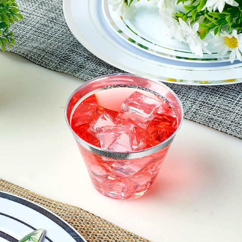 25 Pcs Plastic Party Cups 9oz Clear Crystal with Silver Rim