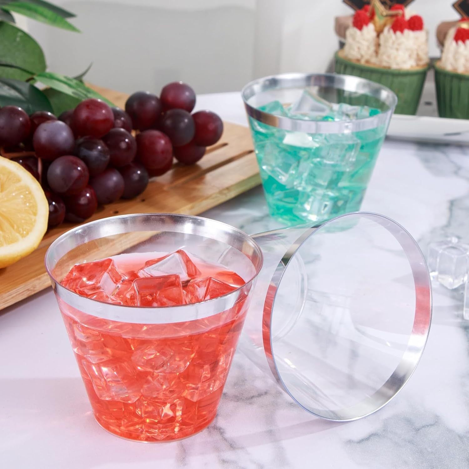 25 Pcs Plastic Party Cups 9oz Clear Crystal with Silver Rim
