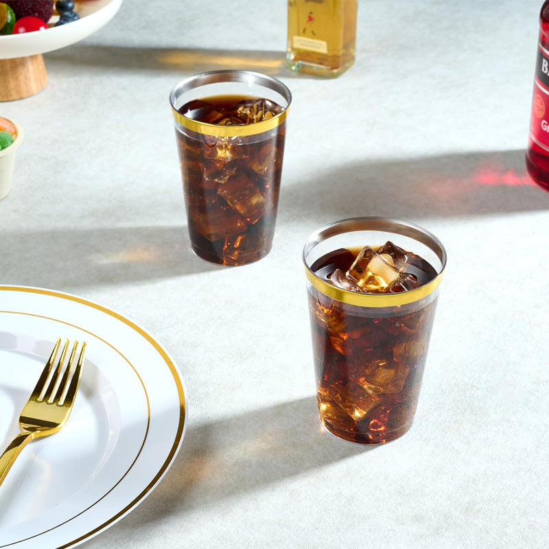 25 Pcs Plastic Tumbler Cups 10oz Clear with Gold Rim