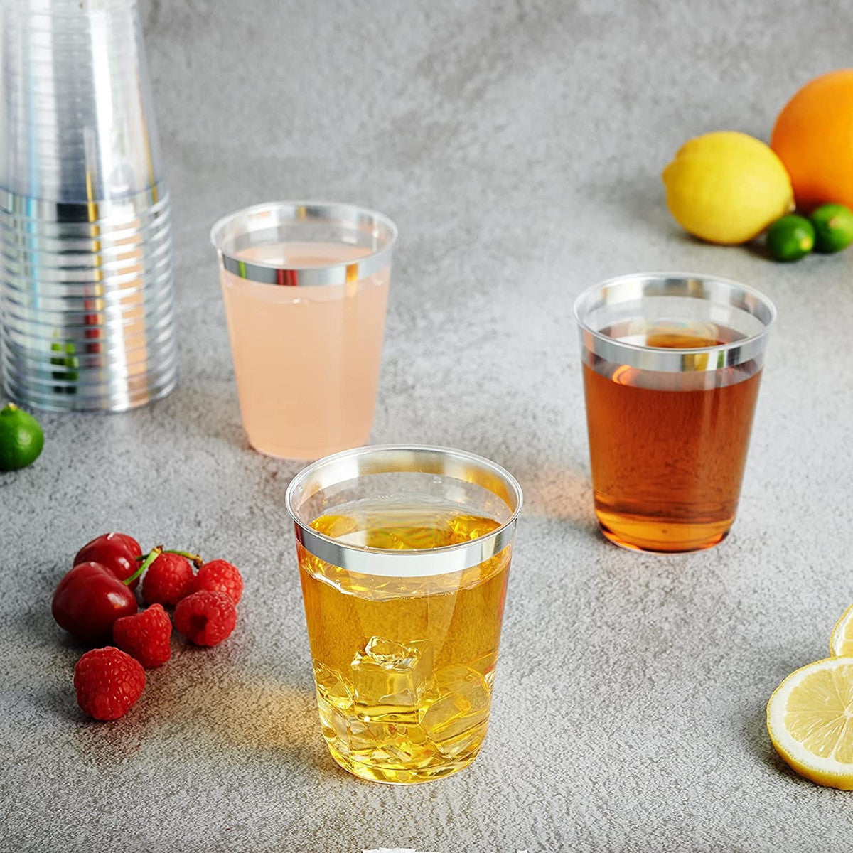 25 Pcs Plastic Tumbler Cups 10oz Clear with Silver Rim
