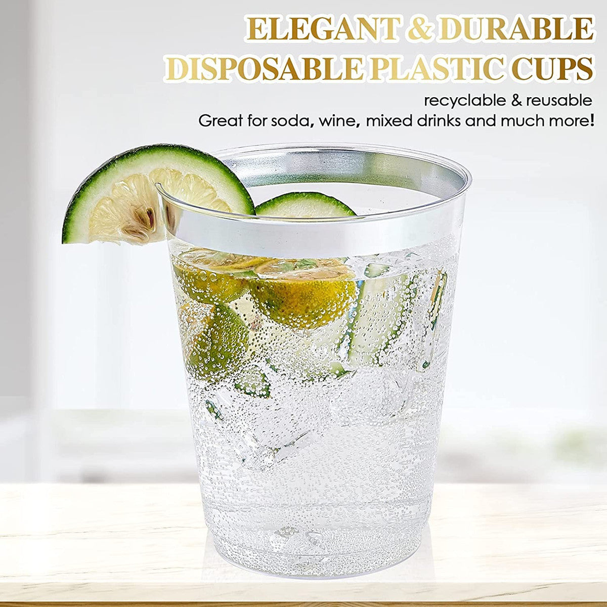 25 Pcs Plastic Tumbler Cups 10oz Clear with Silver Rim
