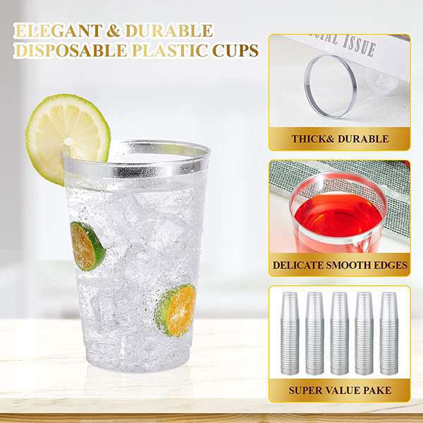 25 Pcs Plastic Tumbler Cups 10oz Clear with Silver Rim