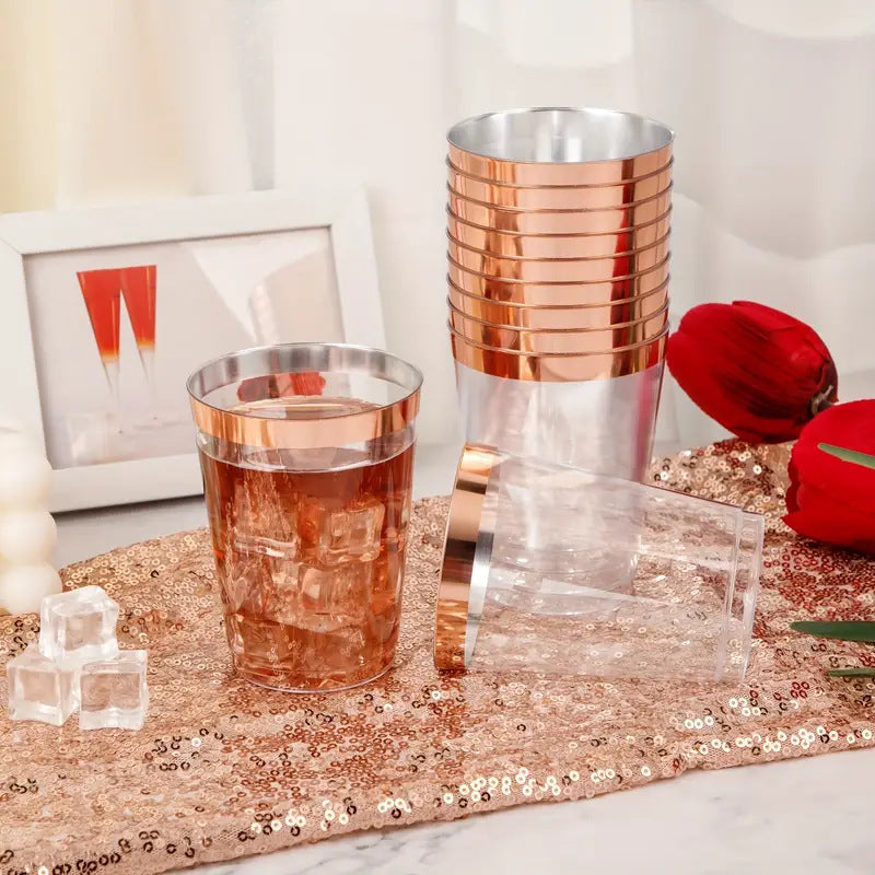 25 Pcs Plastic Tumbler Cups 10oz Clear with Rose Gold Rim