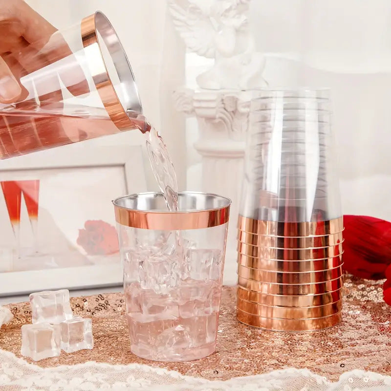 25 Pcs Plastic Tumbler Cups 10oz Clear with Rose Gold Rim