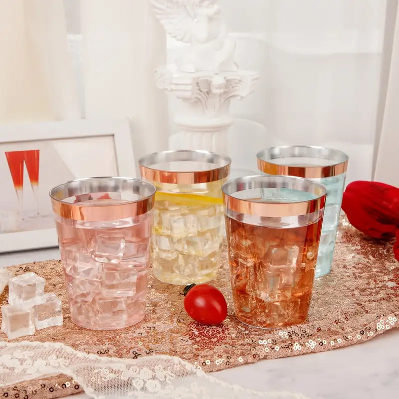 25 Pcs Plastic Tumbler Cups 10oz Clear with Rose Gold Rim