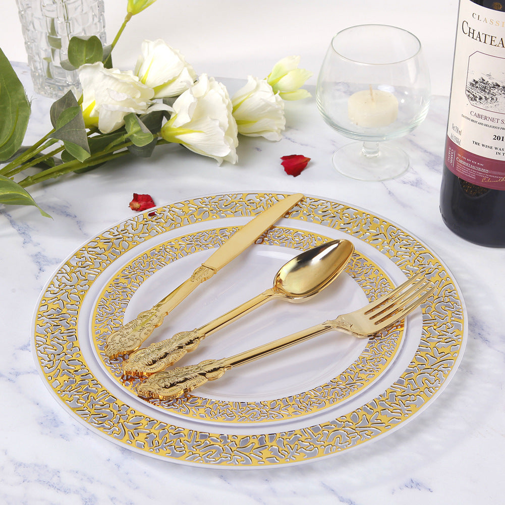 24 Pcs Plastic Silverware Set Metallic Gold in Baroque Style