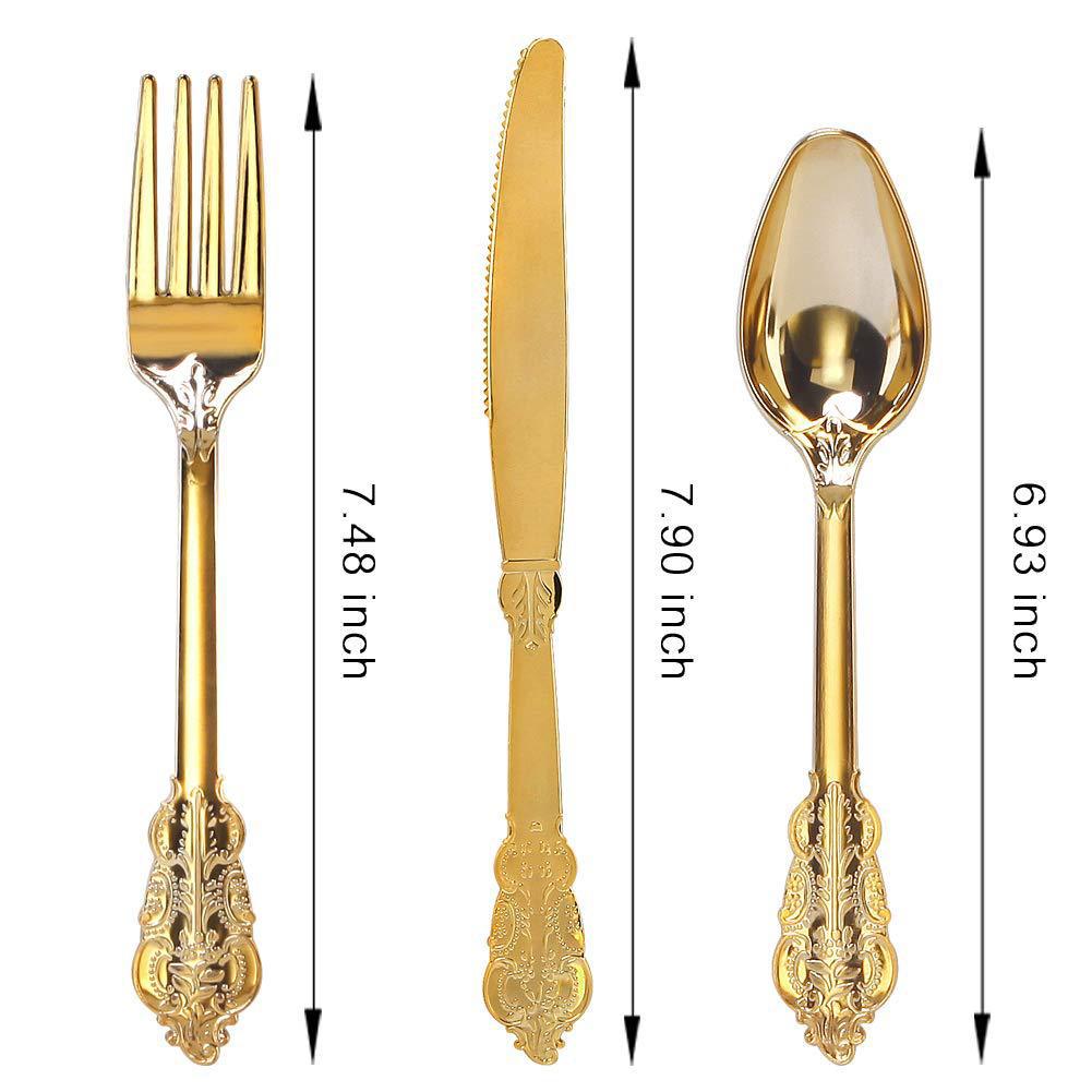 24 Pcs Plastic Silverware Set Metallic Gold in Baroque Style