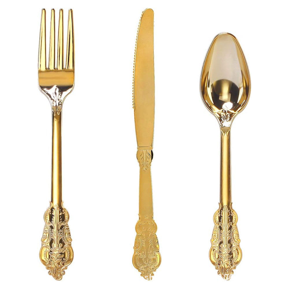 24 Pcs Plastic Silverware Set Metallic Gold in Baroque Style