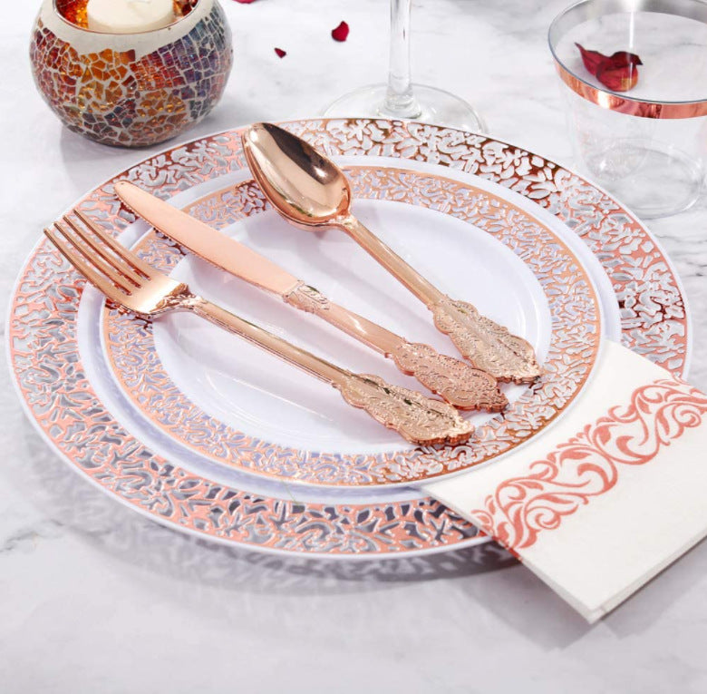 24 Pcs Plastic Silverware Set Metallic Rose Gold in Baroque Style