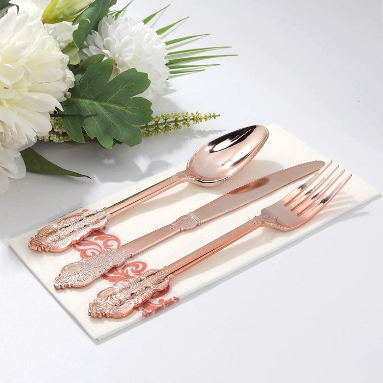 24 Pcs Plastic Silverware Set Metallic Rose Gold in Baroque Style
