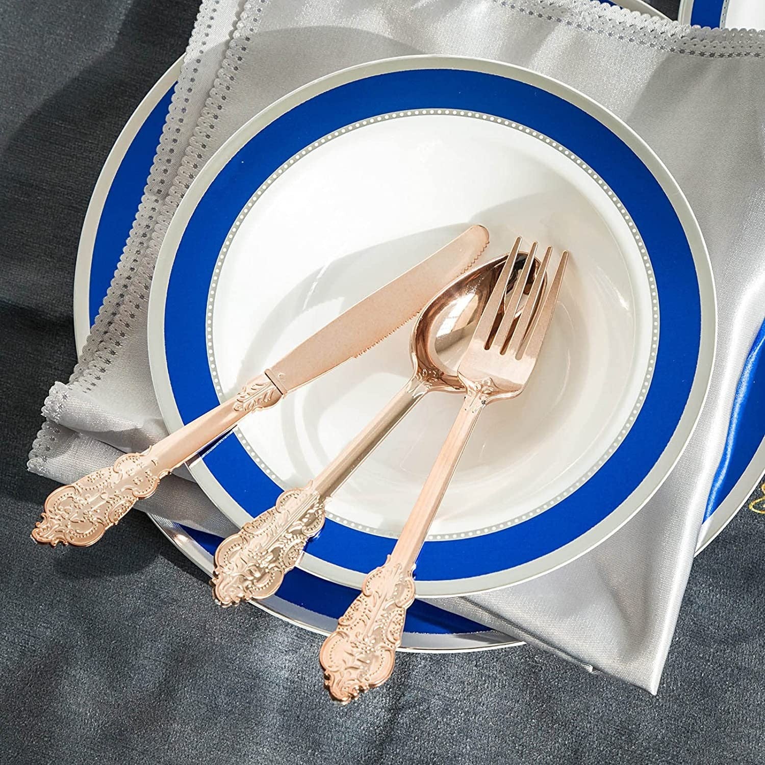 24 Pcs Plastic Silverware Set Metallic Rose Gold in Baroque Style