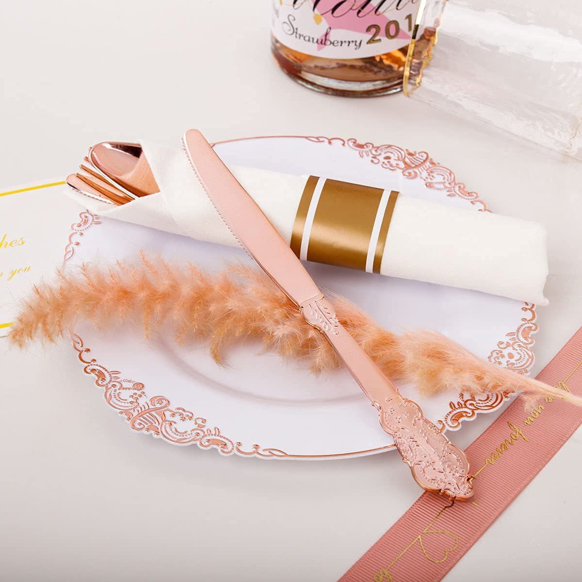 24 Pcs Plastic Silverware Set Metallic Rose Gold in Baroque Style