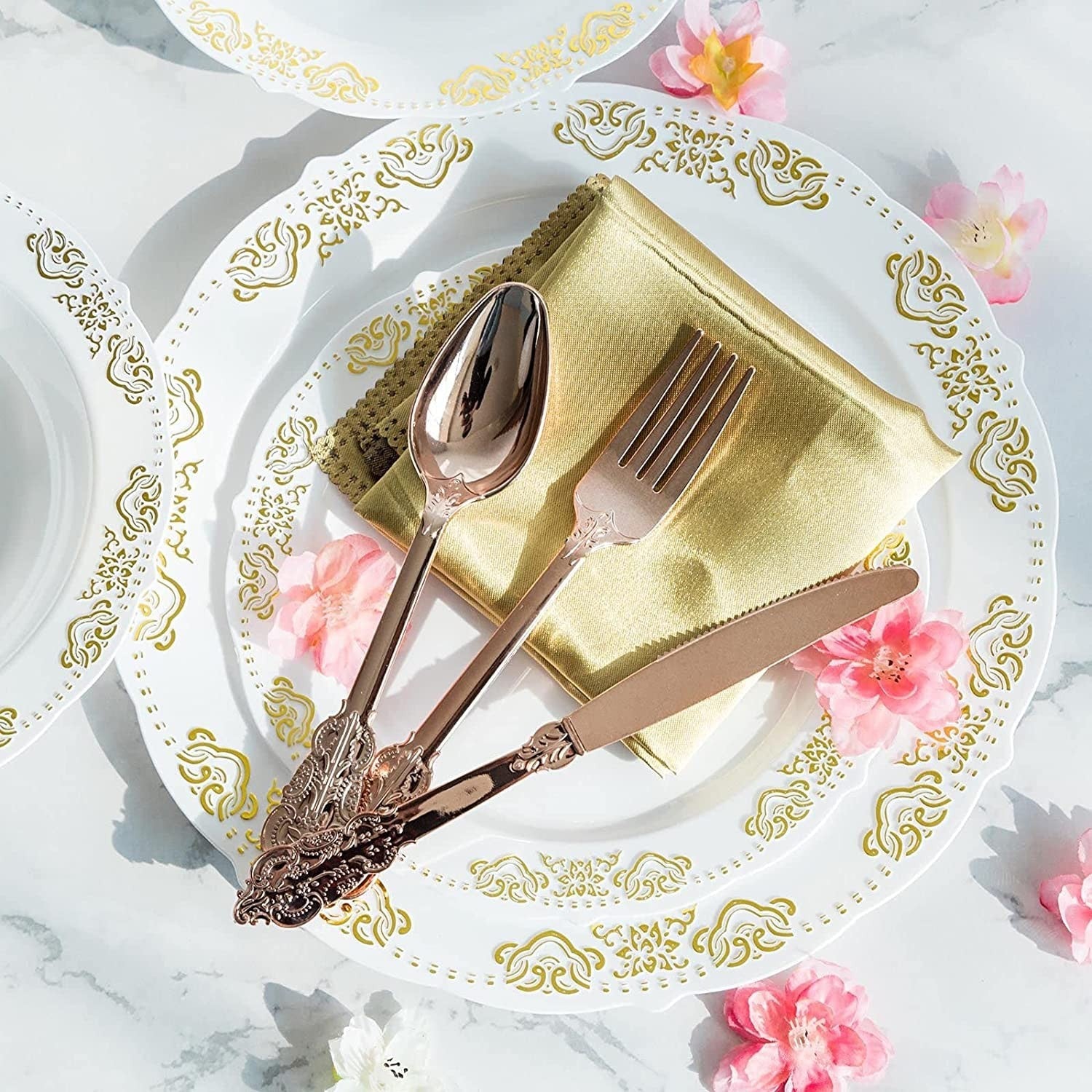 24 Pcs Plastic Silverware Set Metallic Rose Gold in Baroque Style