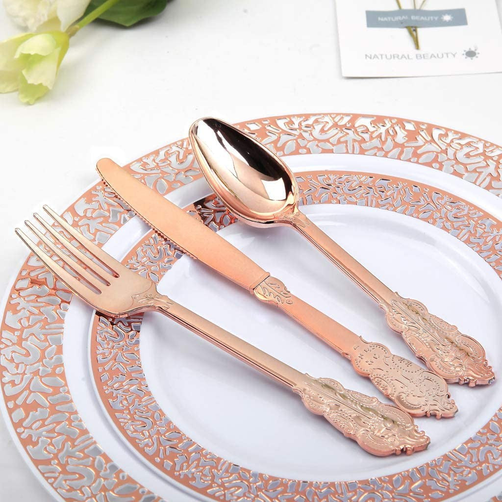 24 Pcs Plastic Silverware Set Metallic Rose Gold in Baroque Style