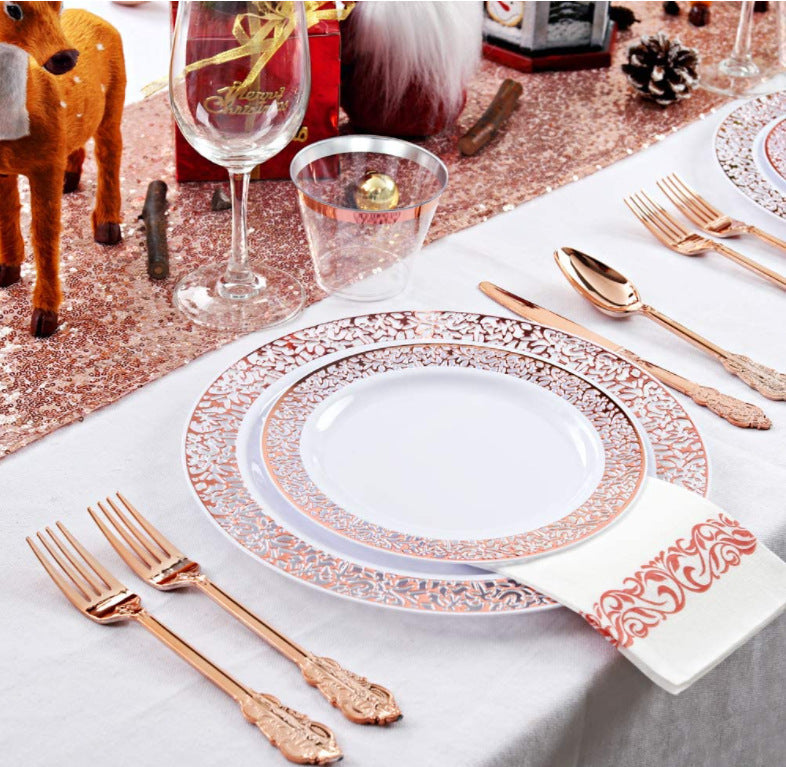 24 Pcs Plastic Silverware Set Metallic Rose Gold in Baroque Style