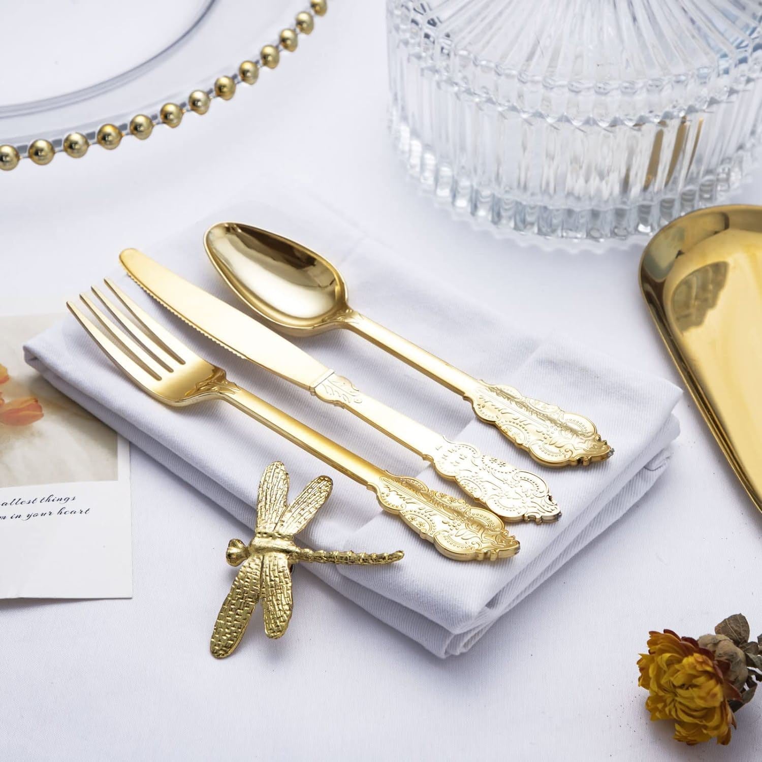 24 Pcs Plastic Silverware Set Metallic Gold in Baroque Style