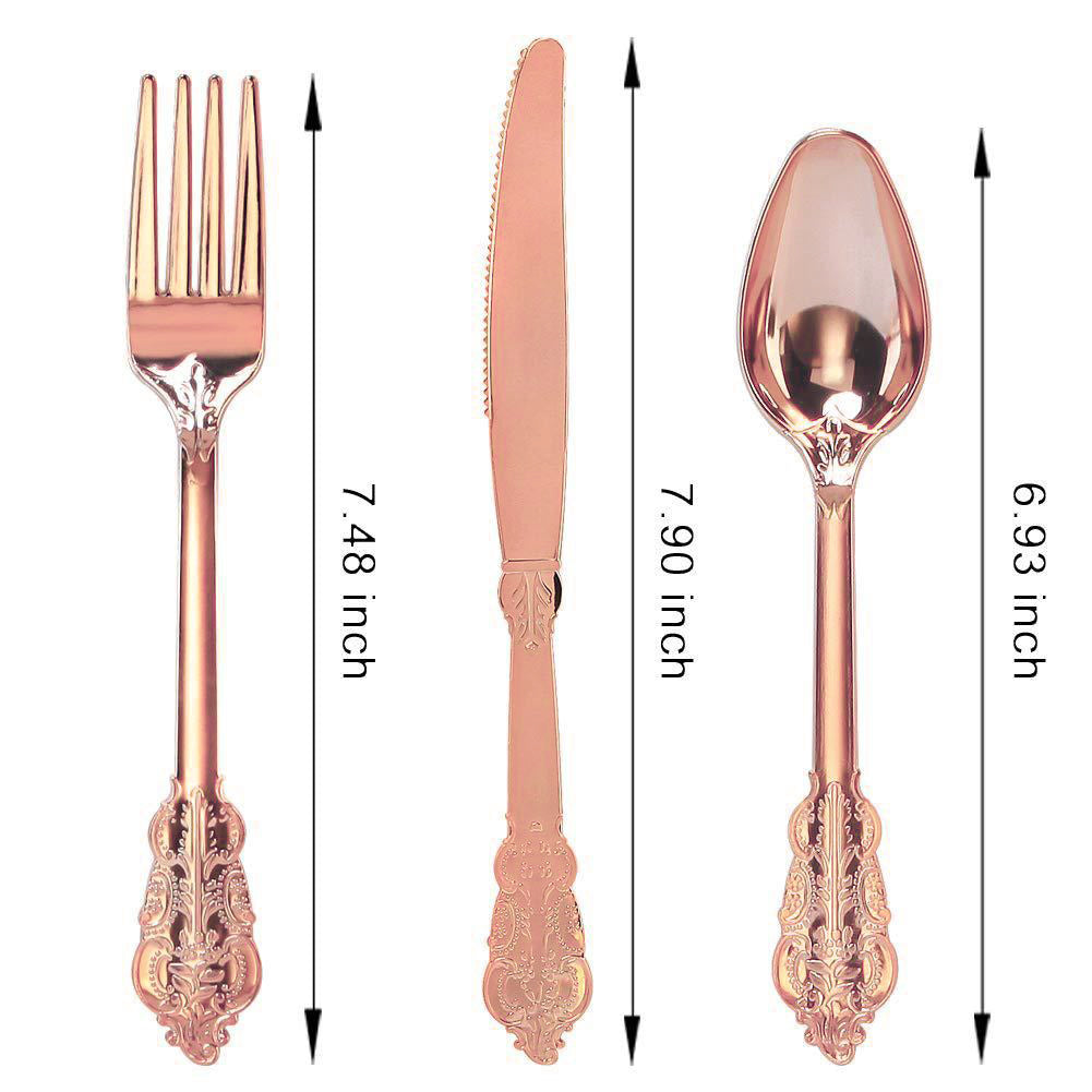 24 Pcs Plastic Silverware Set Metallic Rose Gold in Baroque Style