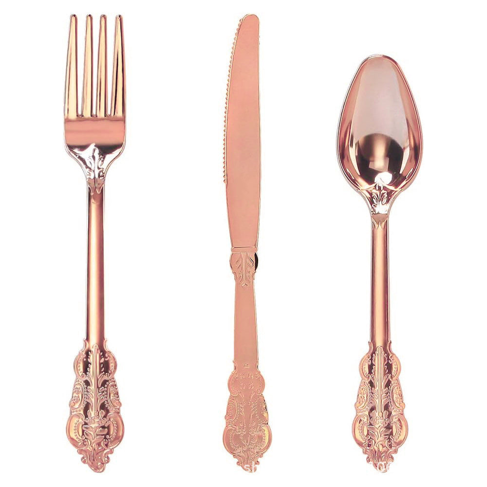 24 Pcs Plastic Silverware Set Metallic Rose Gold in Baroque Style