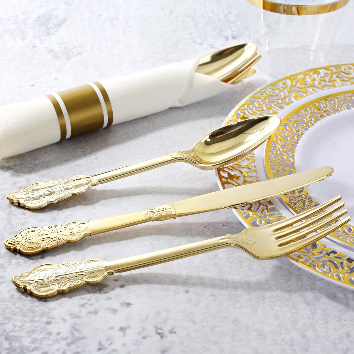 24 Pcs Plastic Silverware Set Metallic Gold in Baroque Style