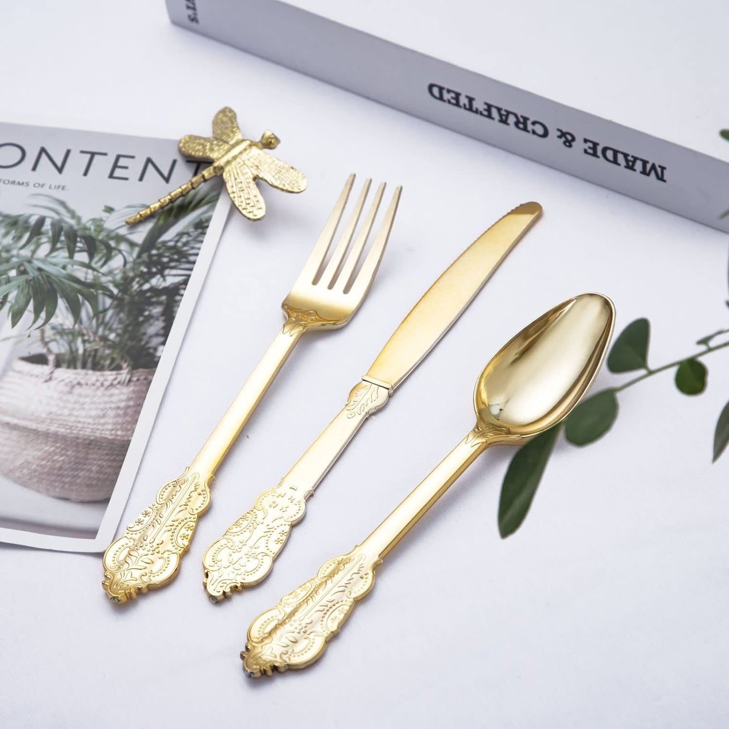 24 Pcs Plastic Silverware Set Metallic Gold in Baroque Style