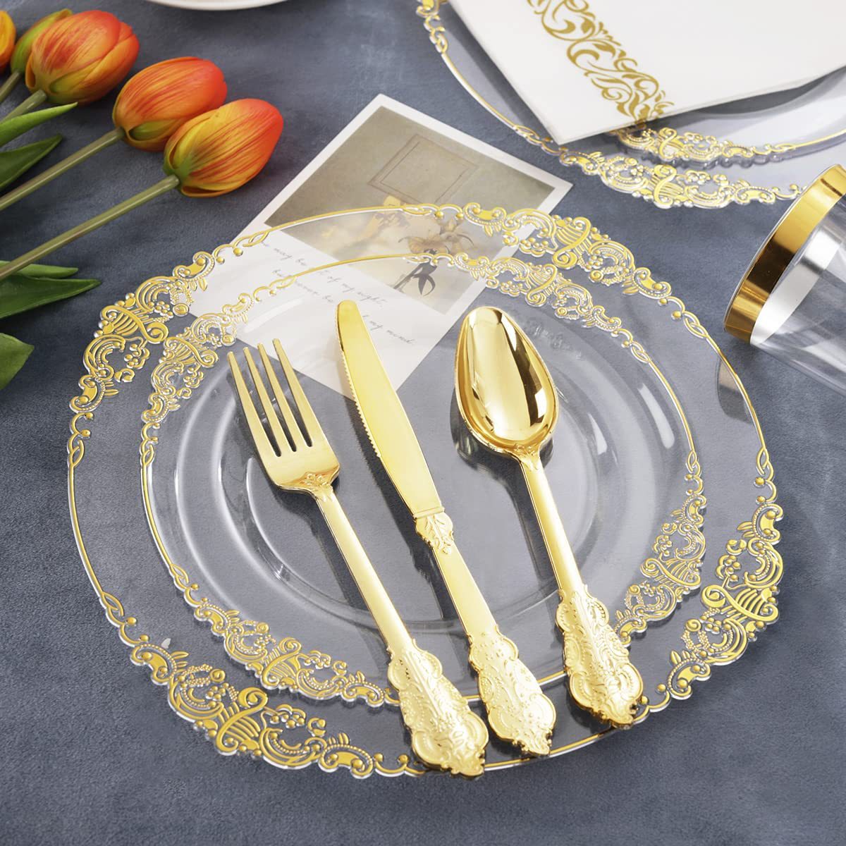 24 Pcs Plastic Silverware Set Metallic Gold in Baroque Style