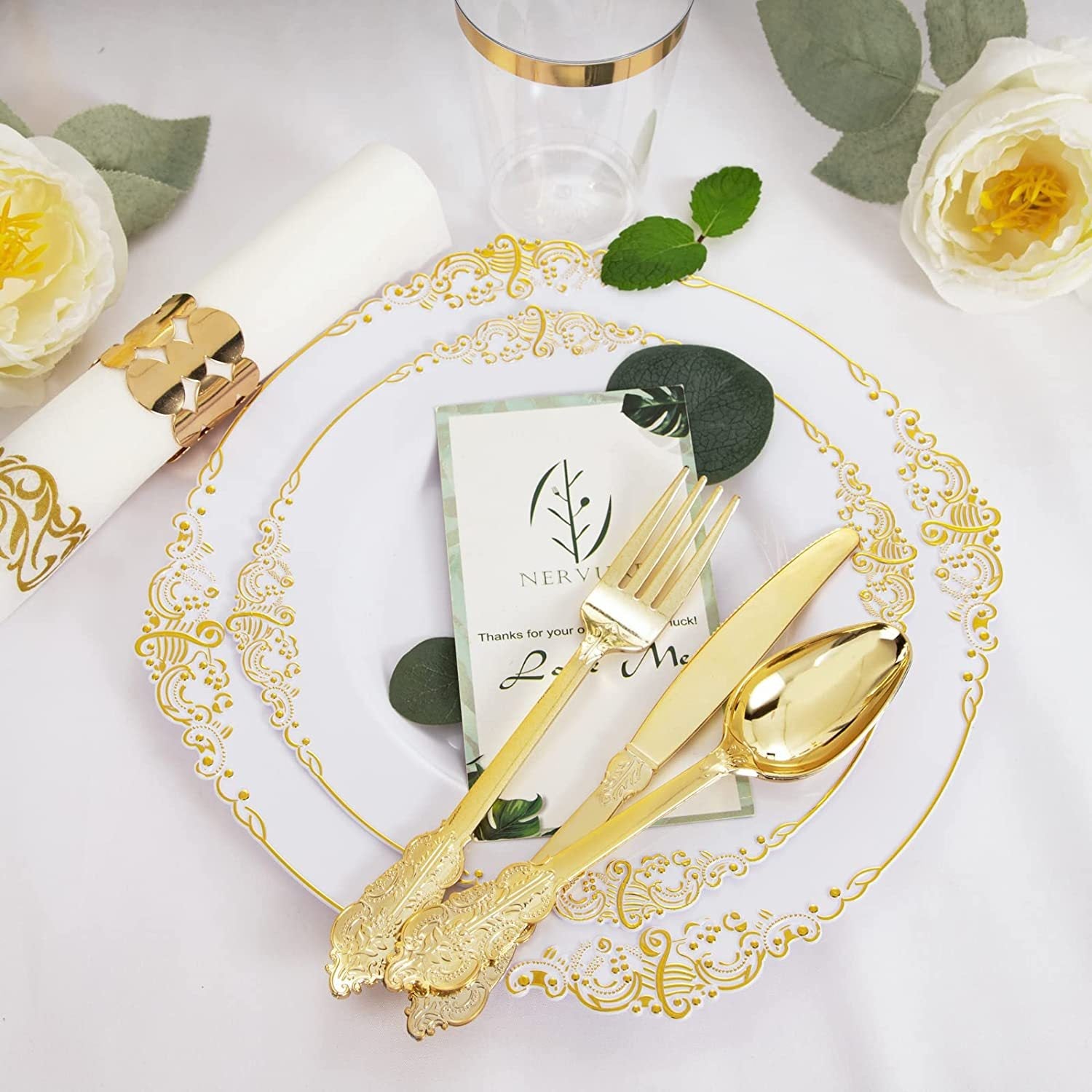 24 Pcs Plastic Silverware Set Metallic Gold in Baroque Style