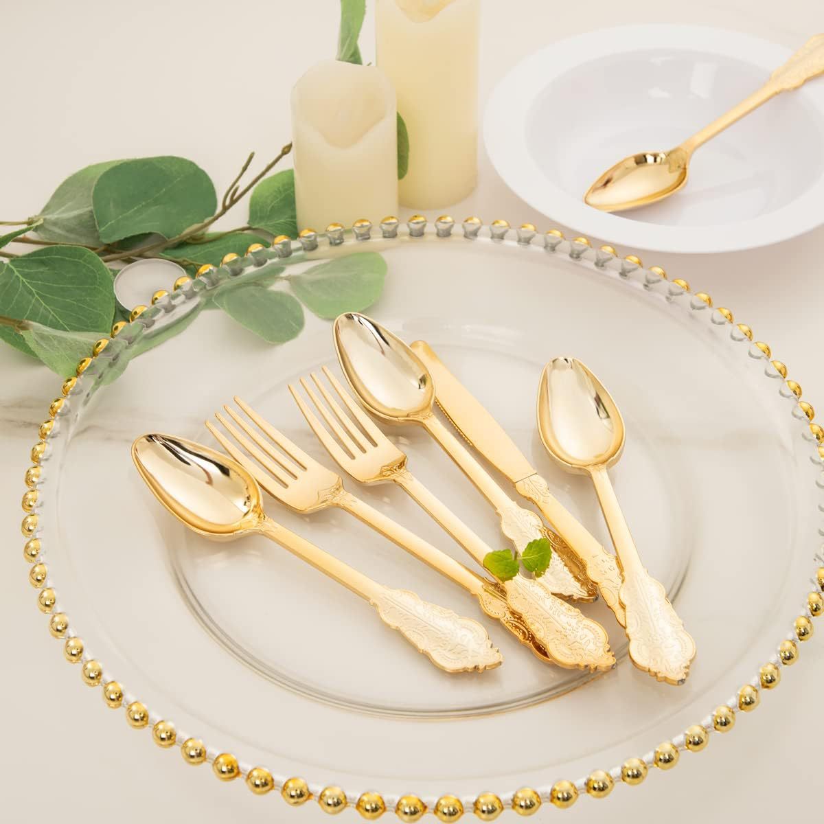 24 Pcs Plastic Silverware Set Metallic Gold in Baroque Style