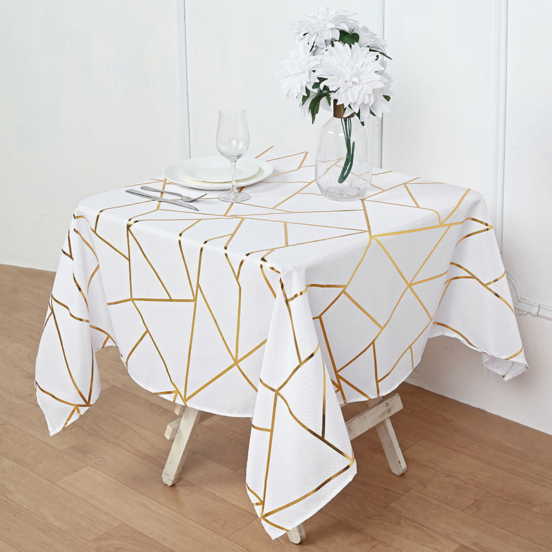 Polyester Square Tablecloth With Gold Foil Geometric Pattern 54"x54" White