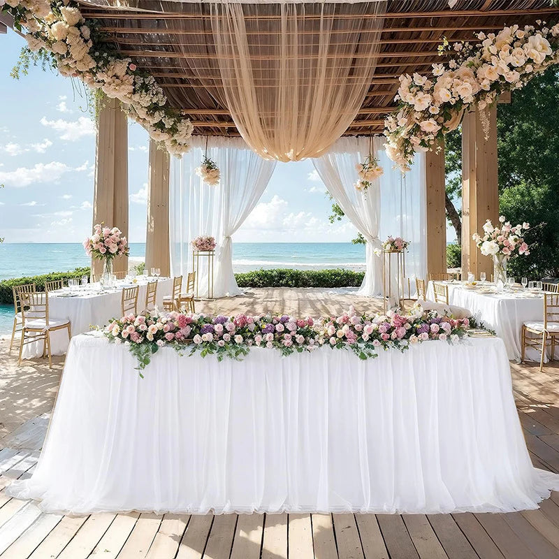 14ft Table Skirt Tulle Tutu Tablecloth for Rectangle or Round Table White