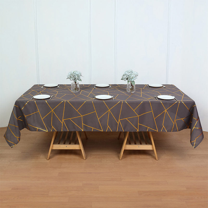 Polyester Rectangle Tablecloth With Gold Foil Geometric Pattern 60"x102" Dark Gray
