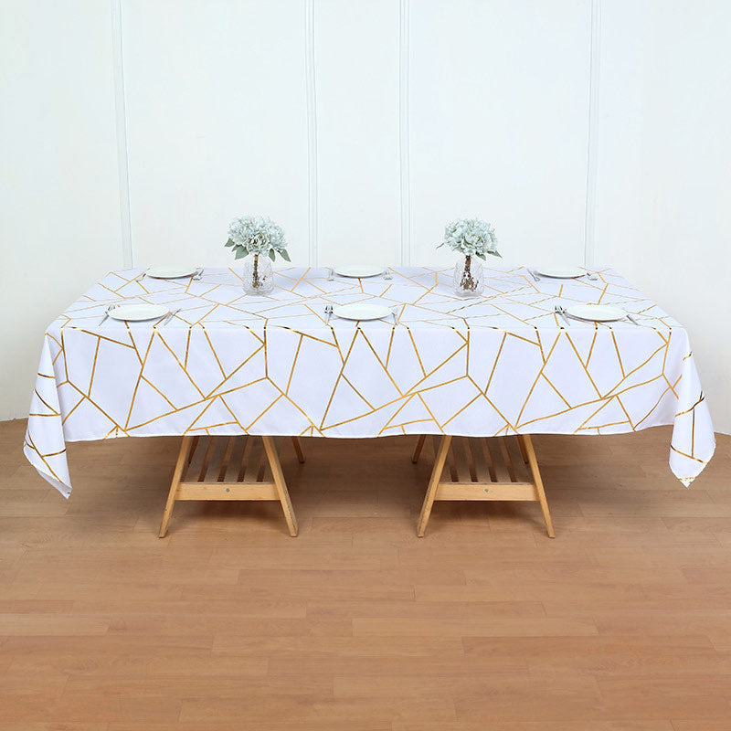 Polyester Rectangle Tablecloth With Gold Foil Geometric Pattern 90"x132" White