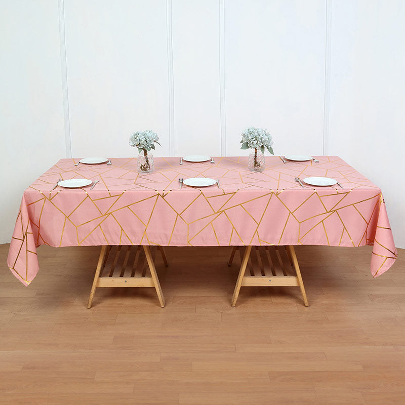 Polyester Rectangle Tablecloth With Gold Foil Geometric Pattern 90"x132" Gray Pink