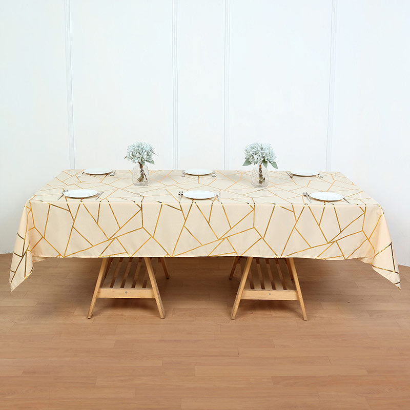 Polyester Rectangle Tablecloth With Gold Foil Geometric Pattern 90"x132" Champagne