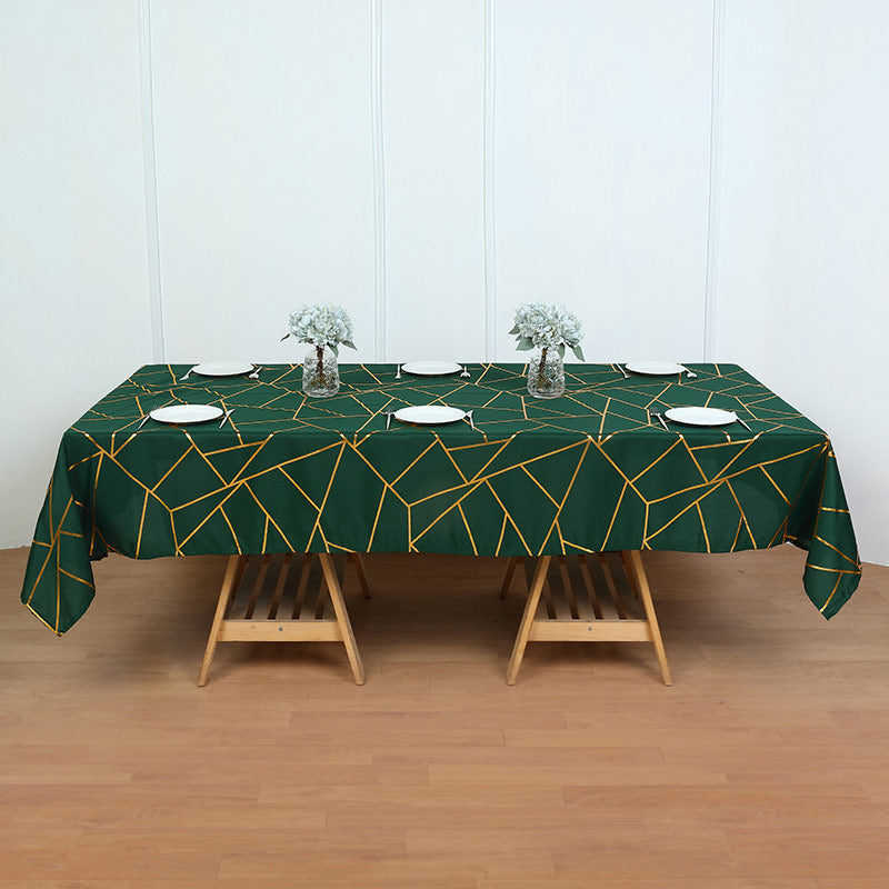 Polyester Rectangle Tablecloth With Gold Foil Geometric Pattern 60"x102" Dark Green