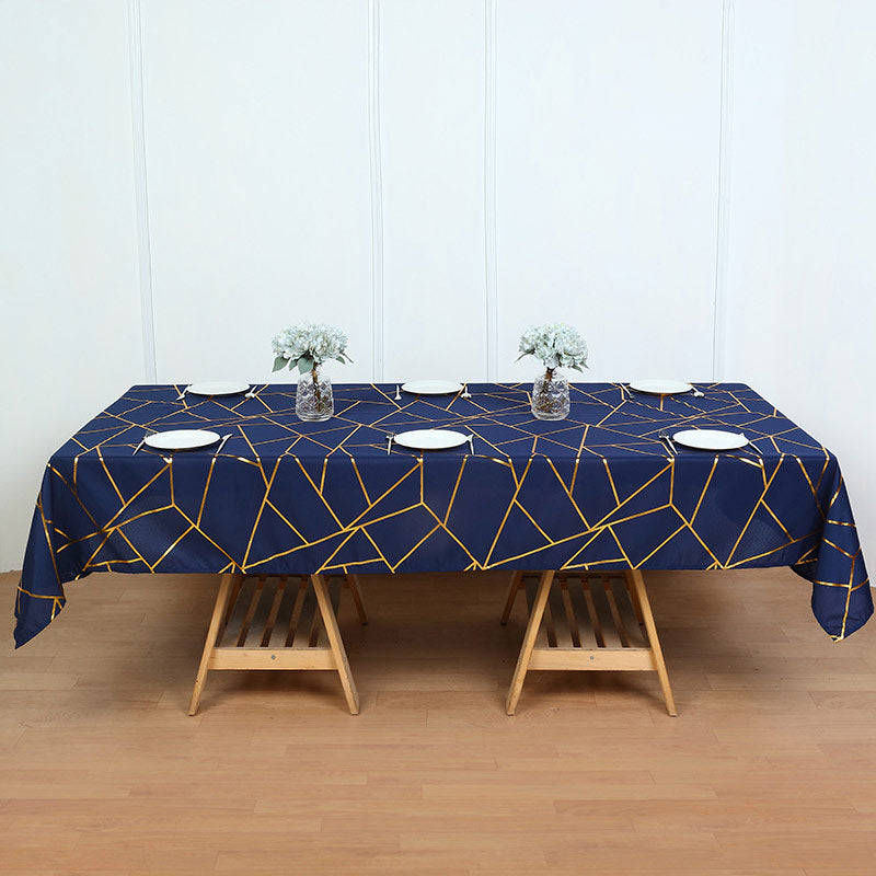 Polyester Rectangle Tablecloth With Gold Foil Geometric Pattern 60"x102" Navy Blue