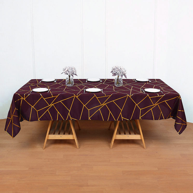 Polyester Rectangle Tablecloth With Gold Foil Geometric Pattern 60"x102" Wine Red
