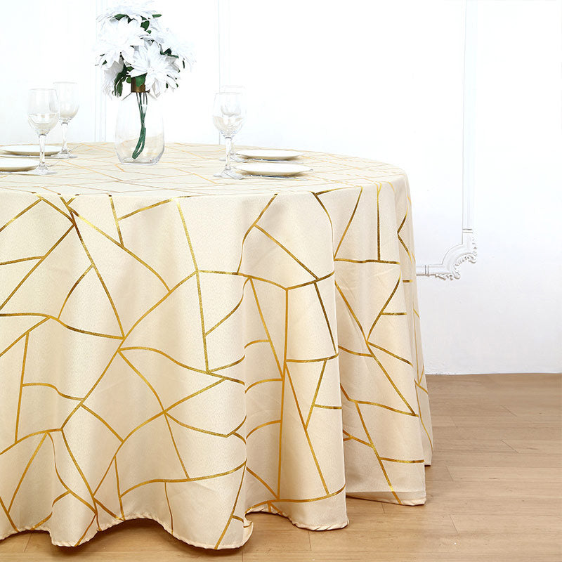 Polyester Round Tablecloth With Gold Foil Geometric Pattern 120" Champagne