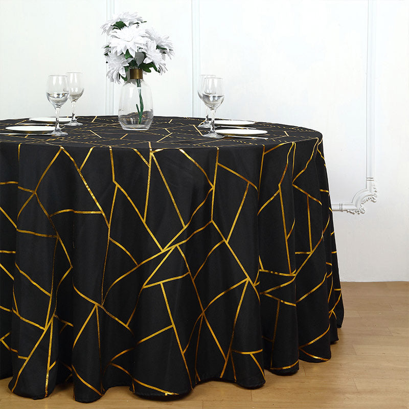 Gold Foil Geometric Pattern Polyester Round Tablecloth 120"